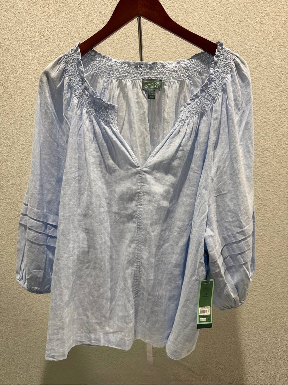 Terra & Sky Light Blue Smocked V-Neck Peasant Blouse
